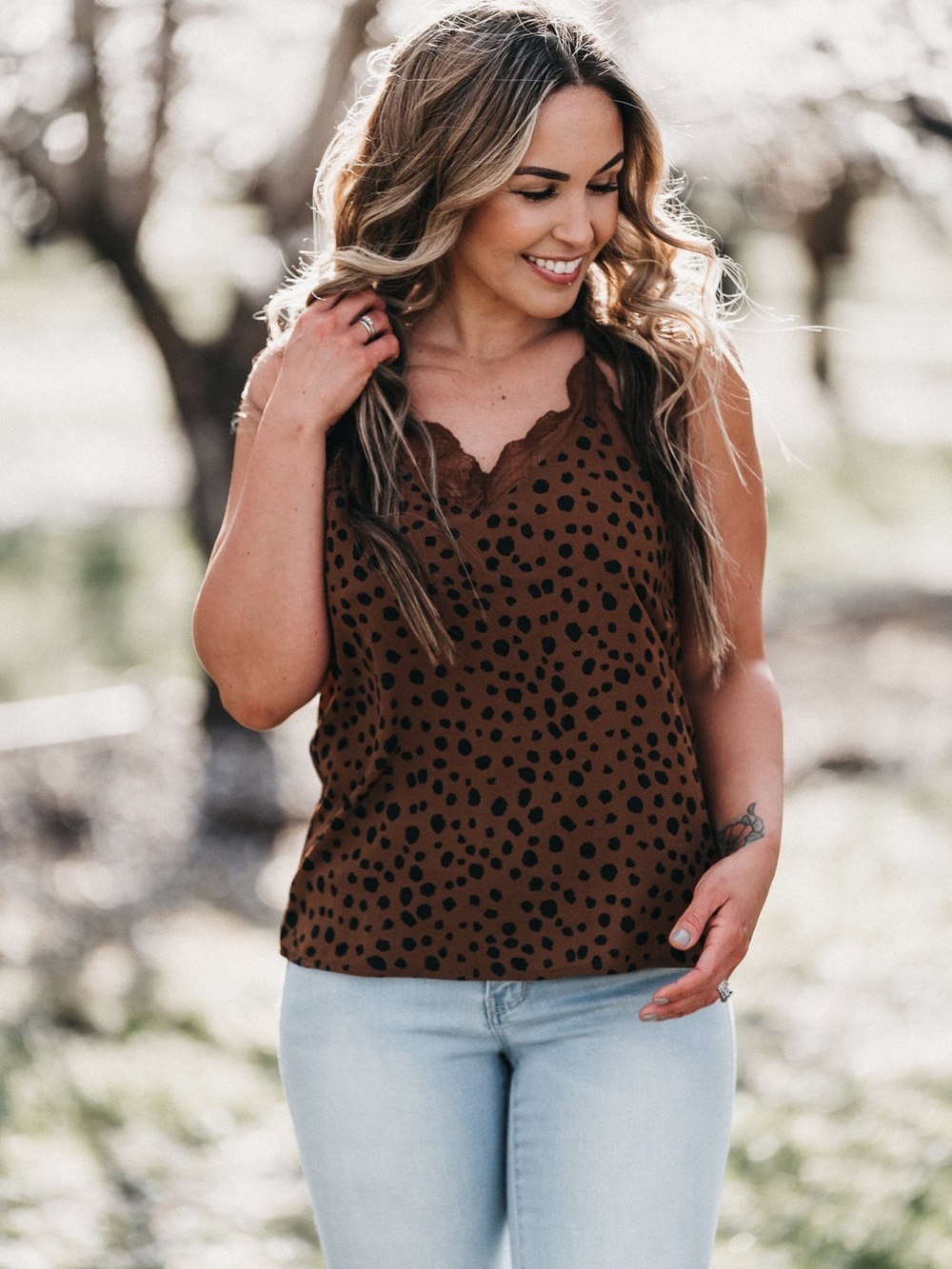 Wishlist Brown Polka Dot Animal Print Lace-Trim V-Neck Cami